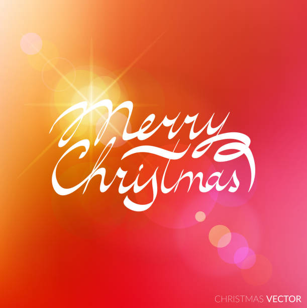 Merry Christmas lettering typography. Text design in handwriting Merry Christmas lettering typography. Text design in handwriting style with ornament soft lines. Happy New Year greeting card decoration on red blurred background for celebrating, festival. Vector. handwriting font not script stock illustrations