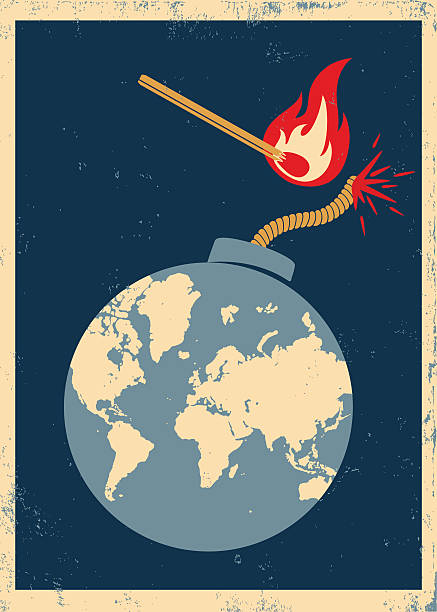 Vector poster with bomb and match Vectorvintage poster bomb with World map and match in fire and sparks horror world stock illustrations