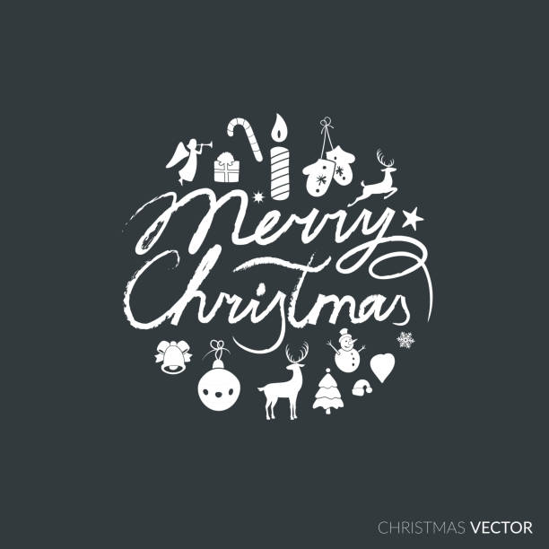 Merry Christmas lettering typography. Text design in handwriting Merry Christmas lettering typography. Text design in handwriting style with holiday icons - bell, deer, Christmas tree. Happy New Year greeting card decoration on black background. Vector. handwriting font not script stock illustrations