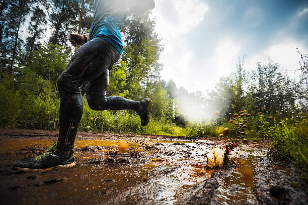 runner - wood dirt road footpath exercising imagens e fotografias de stock