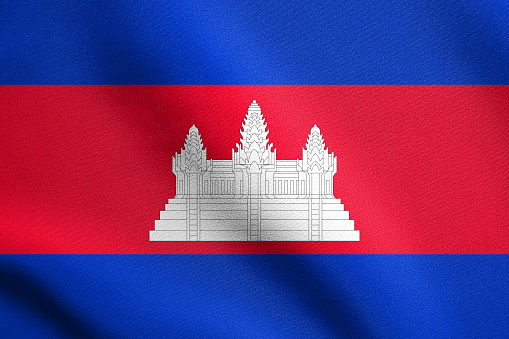 Cambodian national official flag. Patriotic symbol, banner, element, background. Accurate dimensions. Correct size, colors. Flag of Cambodia waving in the wind with detailed fabric texture