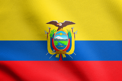 Ecuadorian national official flag. Patriotic symbol, banner, element, background. Accurate dimensions. Correct size, colors. Flag of Ecuador waving in the wind with detailed fabric texture