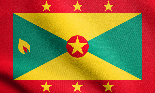 Grenadian national official flag. Patriotic symbol, banner, element, background. Accurate dimensions. Correct size, colors. Flag of Grenada waving in the wind with detailed fabric texture