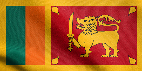 Sri Lankan national official flag. Patriotic symbol, banner, element, background. Accurate dimensions. Correct size, colors. Flag of Sri Lanka waving in the wind with detailed fabric texture
