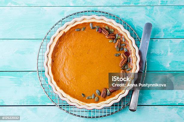 Tasty Pumpkin Pie Tart Made For Thanksgiving Day Stock Photo - Download Image Now - Pumpkin Pie, Sweet Pie, Backgrounds