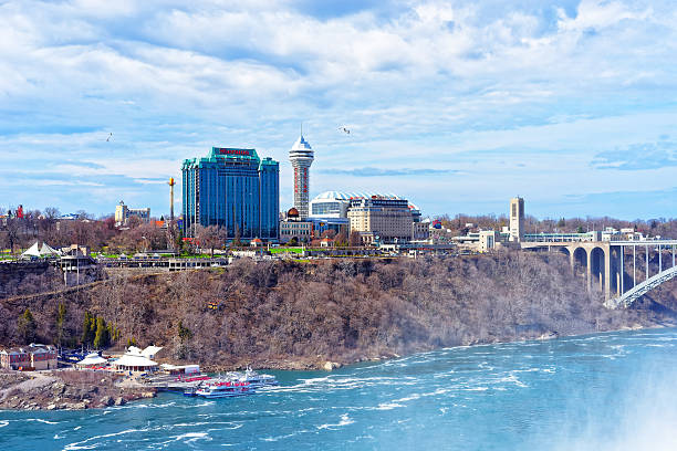 Niagara Falls, United States - April 30, 2015: Rainbow Bridge across the Niagara River Gorge. It is an arch bridge between the United States of America and Canada