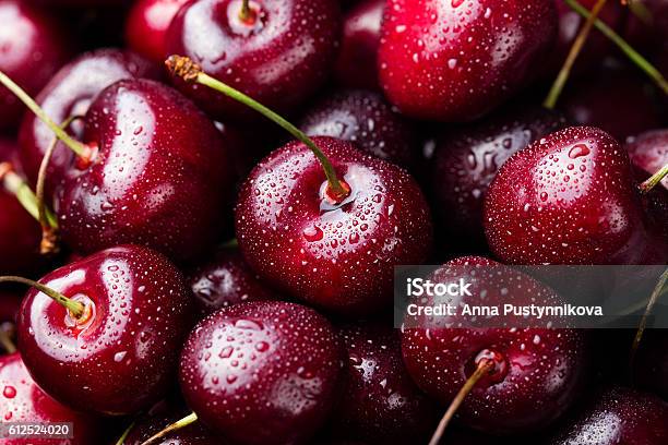 Fresh Ripe Black Cherries Background Top View Close Up Stock Photo - Download Image Now