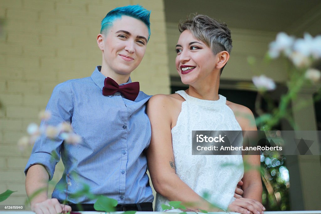 Smiling Couple Couple smiles on balcony Wedding Stock Photo