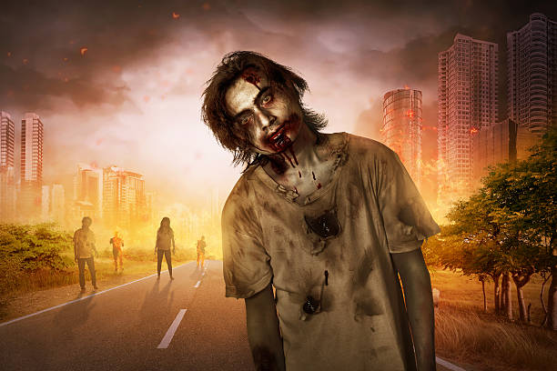 Horrible scary zombie walking around on the burned city