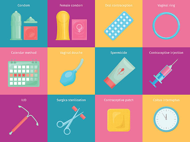 Contraception methods cartoon icons set Contraception methods cartoon icons set with calendar injection and oral contraception symbols. Birth control vector illustration. contraceptive stock illustrations