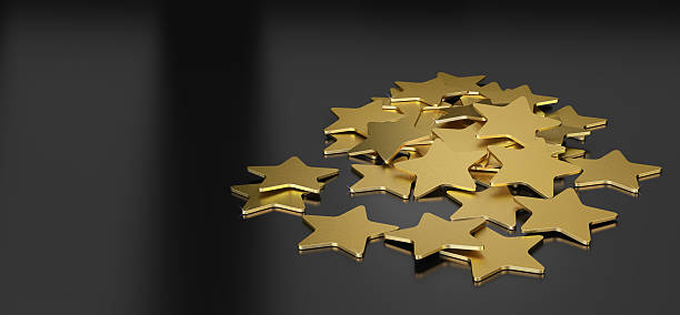 Golden Stars 3D illustration of many golden stars over black background, horizontal image suitable for header high fidelity stock pictures, royalty-free photos & images