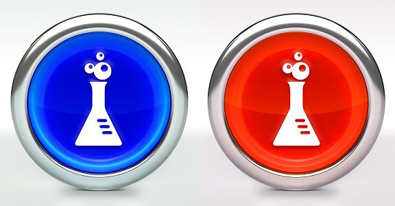 Bubbling Flask Icon on Button with Metallic Rim. The icon comes in two versions blue and red and has a shiny metallic rim. The buttons have a slight shadow and are on a white background. The modern look of the buttons is very clean and will work perfectly for websites and mobile aps.