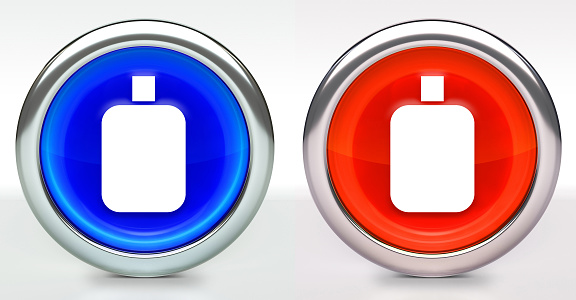Cream Bottle Icon on Button with Metallic Rim. The icon comes in two versions blue and red and has a shiny metallic rim. The buttons have a slight shadow and are on a white background. The modern look of the buttons is very clean and will work perfectly for websites and mobile aps.