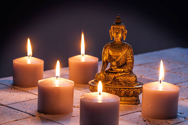 istock concept of mindfulness and buddhism with Buddha and lighted candles 612620508