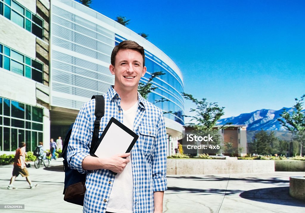 Smiling student standing at the campus Brigham Young University Stock Photo