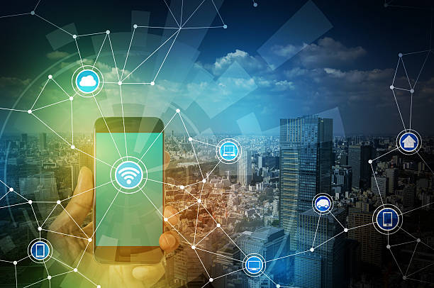 istock smart phone and smart city, wireless communication network 612621468