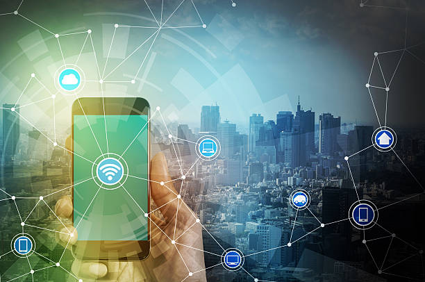 istock smart phone and smart city, wireless communication network 612621502