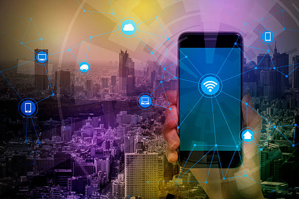 istock smart phone and smart city, wireless communication network 612621528