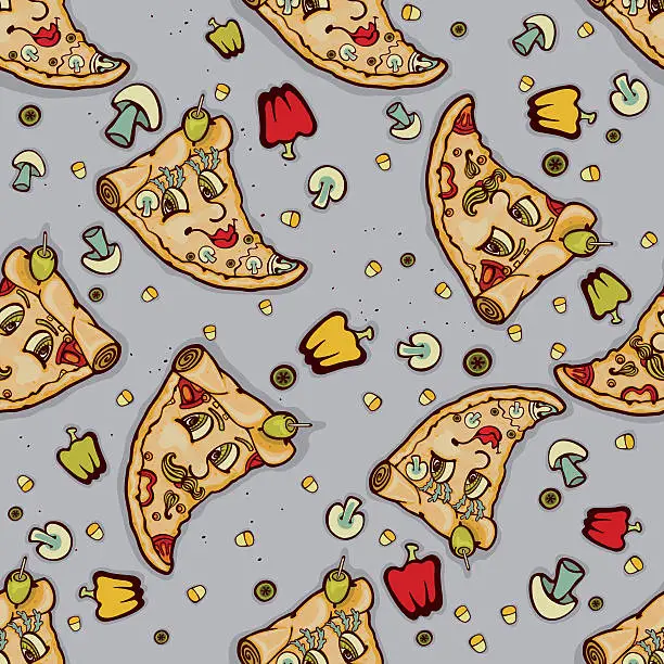 Vector illustration of Humanized cute slices of pizza. Seamless background