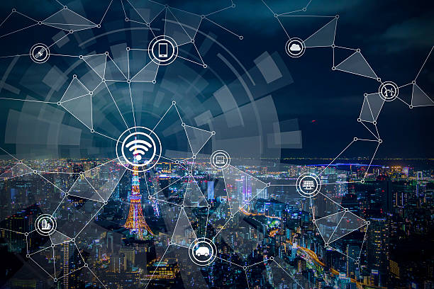istock smart city night view and wireless communication network 612623118