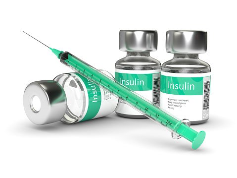 3d rendering of insulin vials and syringe isolated over white background