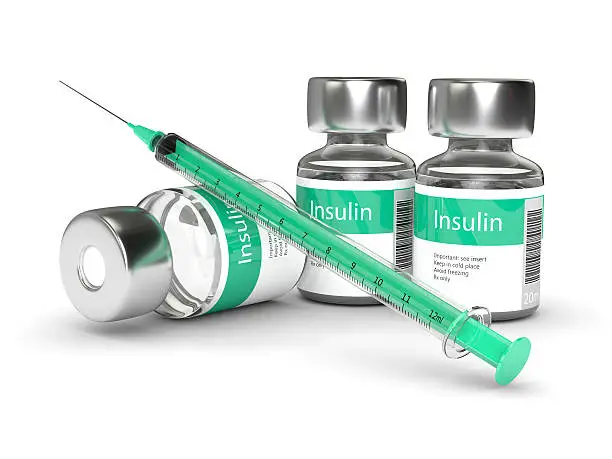 Photo of 3d rendering of insulin vials and syringe isolated over white