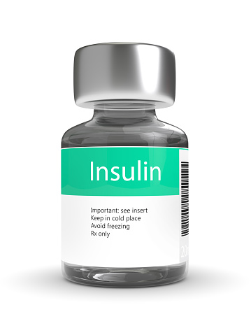 Representación 3D del vial de insulina aislado sobre blanco photo