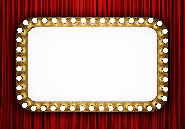 bandera del cine retro con cortina roja - illuminated sign fotografías e imágenes de stock