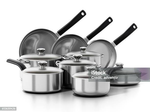 Cooking And Frying Pans Set Isolated On White Stock Photo - Download Image Now - Cooking Pan, Group Of Objects, Stainless Steel