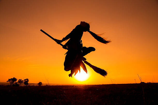 Silhouette of young witch flying on the broomstick against sunset