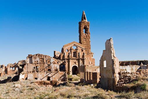 ruined church at the ghost town of Belchite bombarded during the spanish civil war and today a war memorial. Between August 24 and September 7, 1937, Republican and Nationalist forces in the Spanish Civil War fought the Battle of Belchite in and around the town