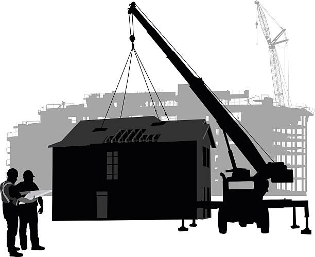 House Construction Prefabricated A vector silhouette illustration of a prefabricated building being placed by  a crane with a safty barrier around it.  A partitially constructed building is in the background.  Two construction workers look over blue prints. blueprint silhouettes stock illustrations