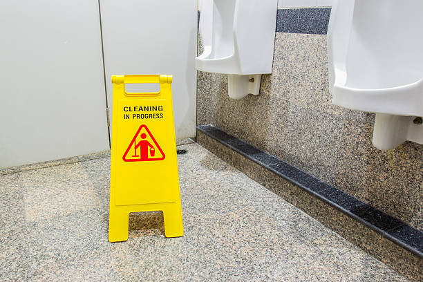 istock Toilet floor with mop bucket and 