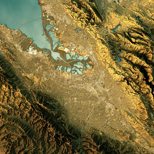 mapa topográfico do mapa topográfico do vale do silício vista superior de cores naturais - mountain view - fotografias e filmes do acervo