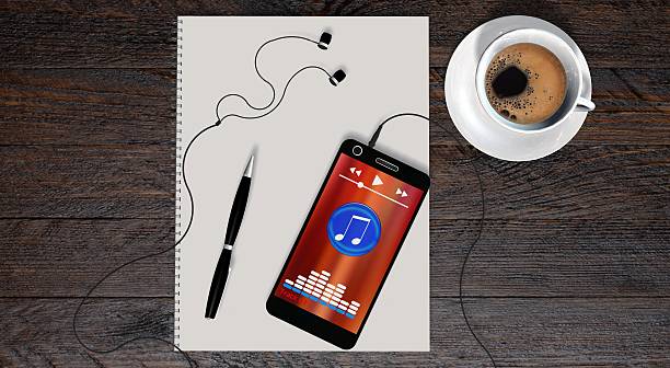 smartphone and earphones with coffee and white paper on table