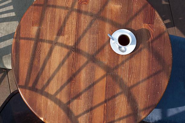 Coffee cup top view on wooden table.