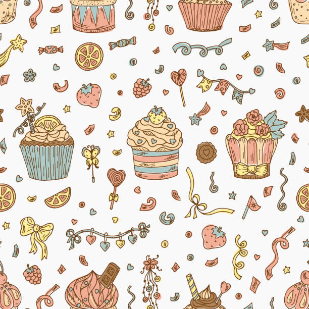 illustrations, cliparts, dessins animés et icônes de sucreries. arrière-plan d’anniversaire. cupcakes motif sans couture. décorations de fête dessinées à la main. - cupcake cake birthday cake muffin