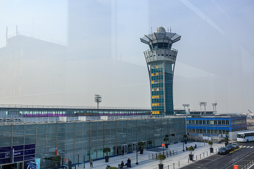Paris, France - March 18, 2015: Large view of entrance to airport of Orly. Orly Airport is an international airport located partially in south of Paris