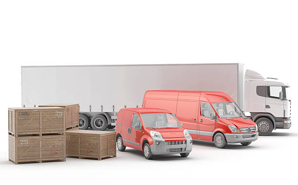 White truck next to two red vans and drawers Vehicles for the urgent transport of goods by road. Symbol of retail. international movers stock pictures, royalty-free photos & images