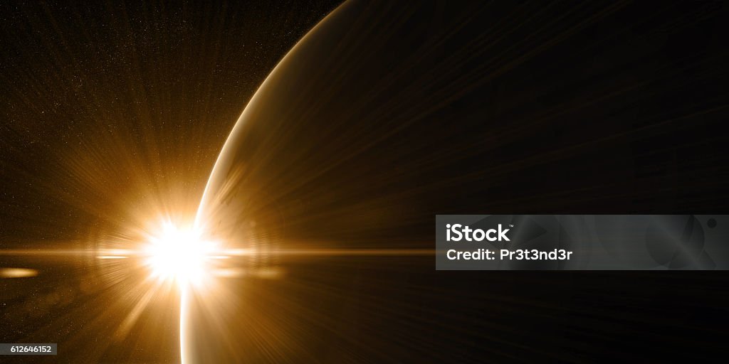 Orbital view on a planet from space Sunrise in space with prominent sun flare and sun streaks. Golden, orange and yellow color scheme.Elements of this image furnished by NASA. 3d illustration Sun Stock Photo