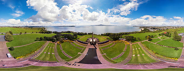 Aerial 360 Panorama of Michael Joseph Savage Memorial Park. Aerial 360 Panorama of Michael Joseph Savage Memorial Park with Rangitoto island and Auckland city in the background. rangitoto island stock pictures, royalty-free photos & images