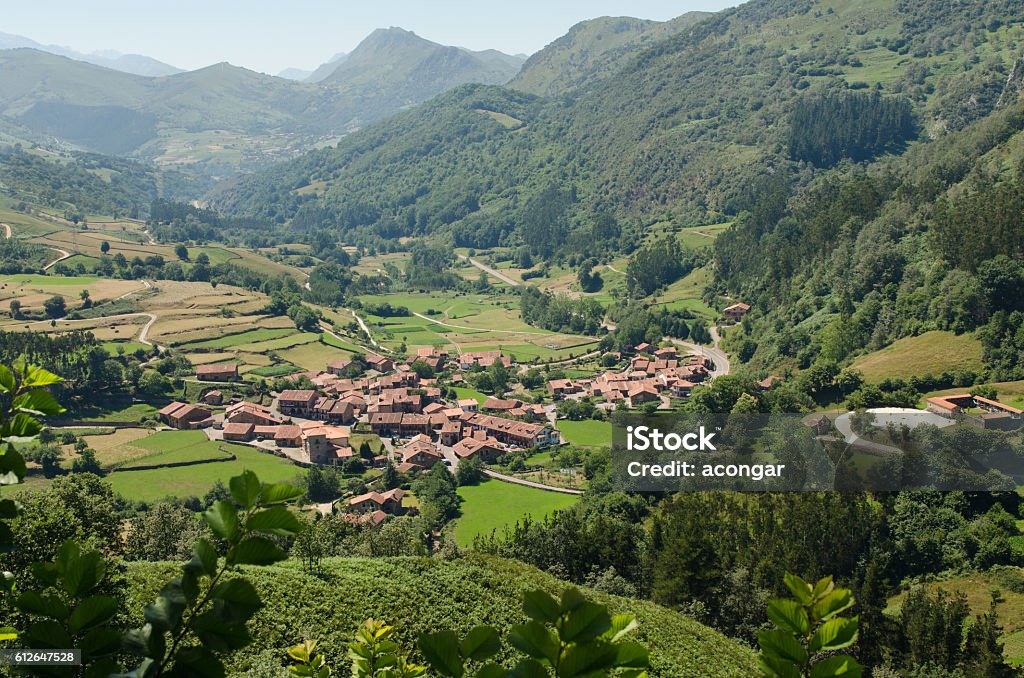 Village of Carmona, Cantabria. Village of  Carmona, Cabuerniga valley,  Cantabria, Spain. Agricultural Field Stock Photo