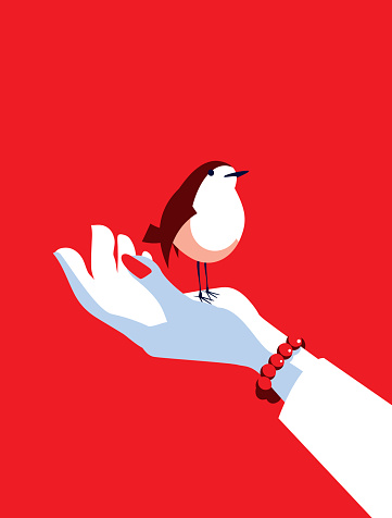 A Bird in the hand! A stylized vector cartoon of a woman's hand  holding a bird, reminiscent of an old screen print poster and suggesting the phrase 