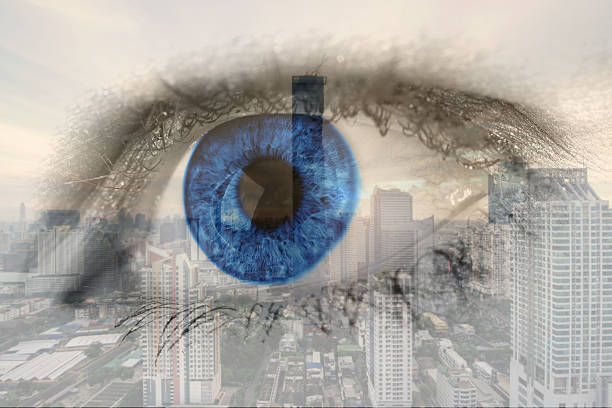 istock Double exposure image of human eye with business center district 612651808