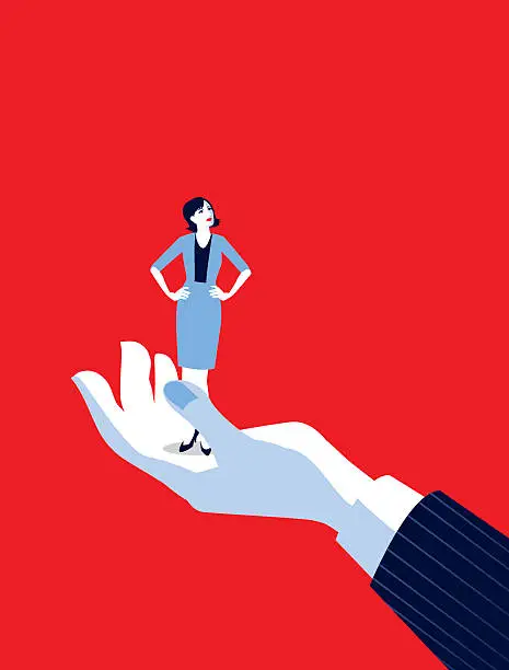 Vector illustration of Giant Business Man's Hand Holding Tiny Businesswoman
