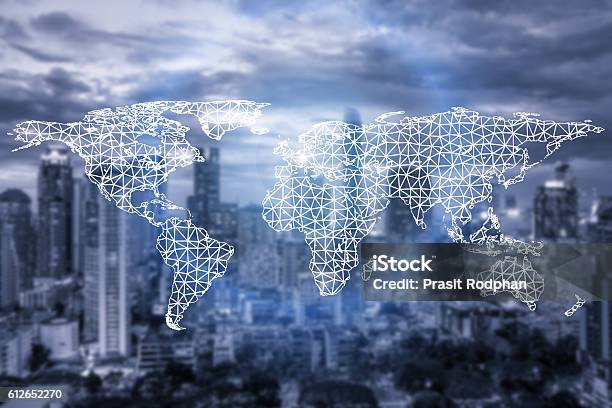 Network Connection Partnership And World Map With City Stock Photo - Download Image Now