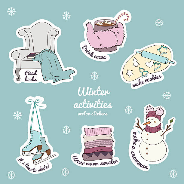 stockillustraties, clipart, cartoons en iconen met winter stickers - hot chocolate purple