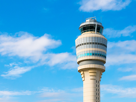 Atlanta, USA - December 16, 2015: Top of air traffic control tower at Hartsfield-Jackson international airport, Atlanta, Georgia, USA
