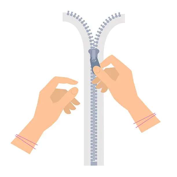 Vector illustration of Two women's hands are unzipping a zipper. Template flat illustration.