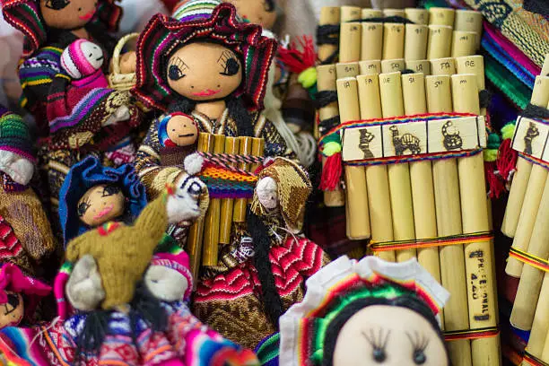 Authentic south american panflutes in local market in Peru.